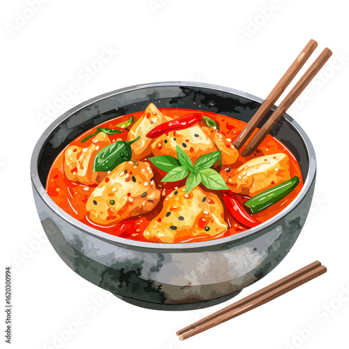 A vibrant bowl of spicy red curry with chicken, garnished with fresh basil, chili, and sesame seeds.
