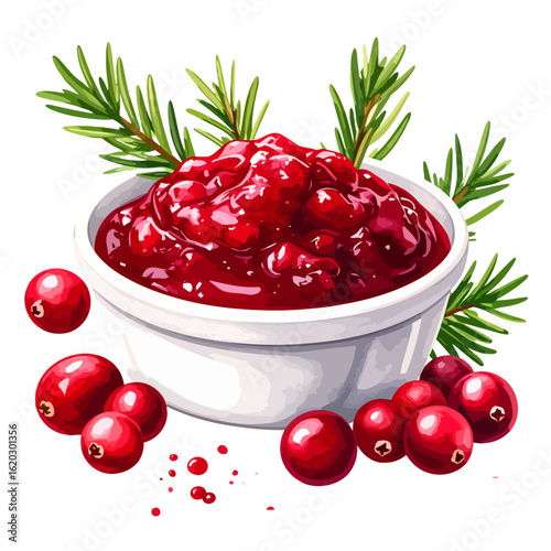 Vibrant cranberry sauce in a white bowl, garnished with fresh rosemary sprigs and whole berries.