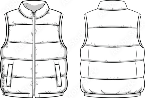 Unisex Puffer Vest Flat Sketch, Quilted Outerwear Technical Drawing, Fashion Apparel Design Template, CAD Illustration for Adobe Stock