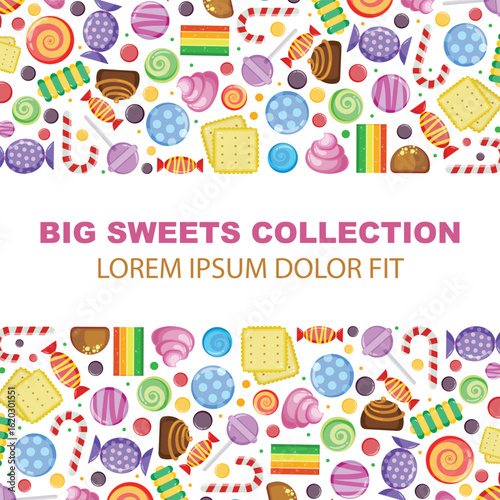 sweets background. childish candies caramel tasty snacks. vector banners.