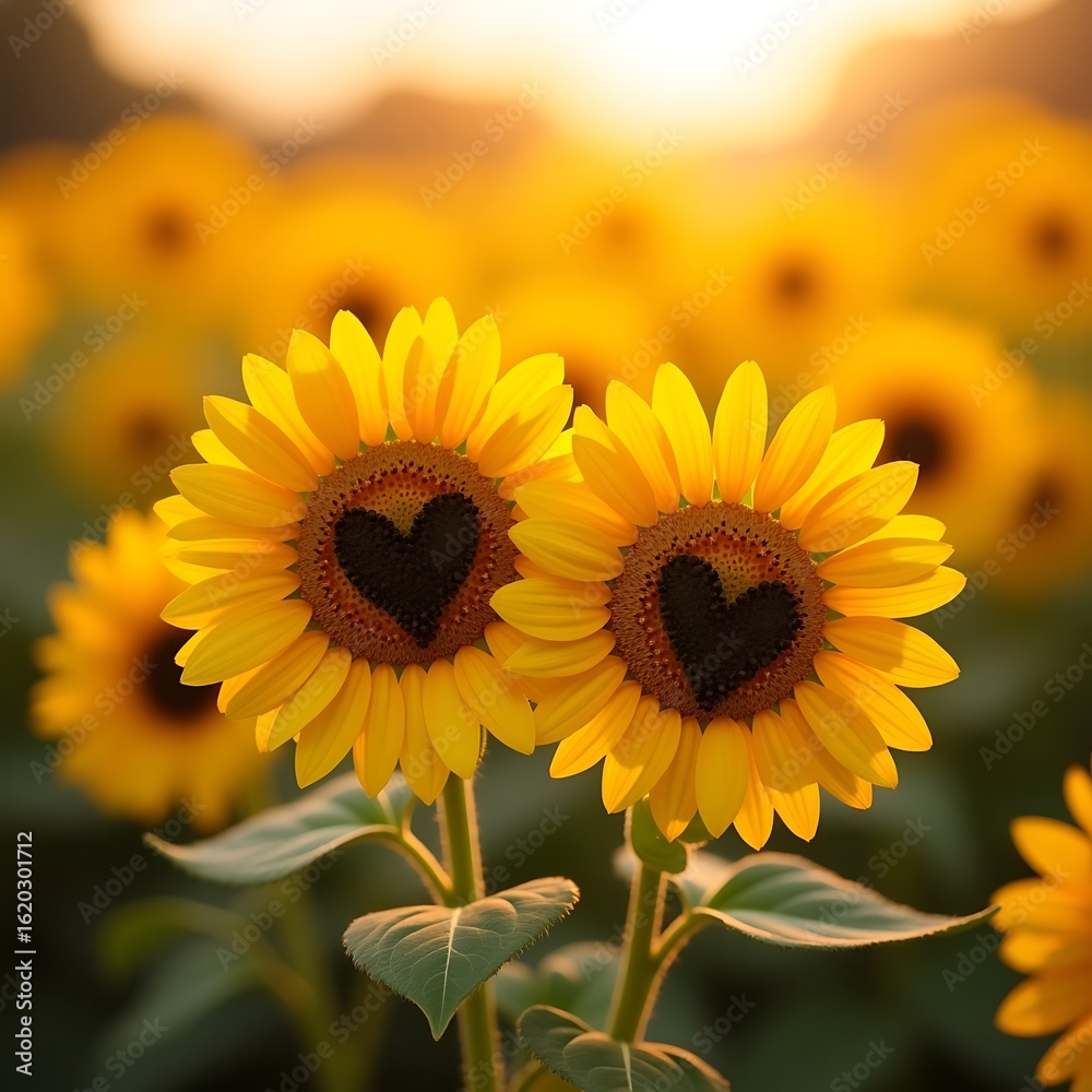 Obraz premium Two sunflowers with heart-shaped centers at sunset