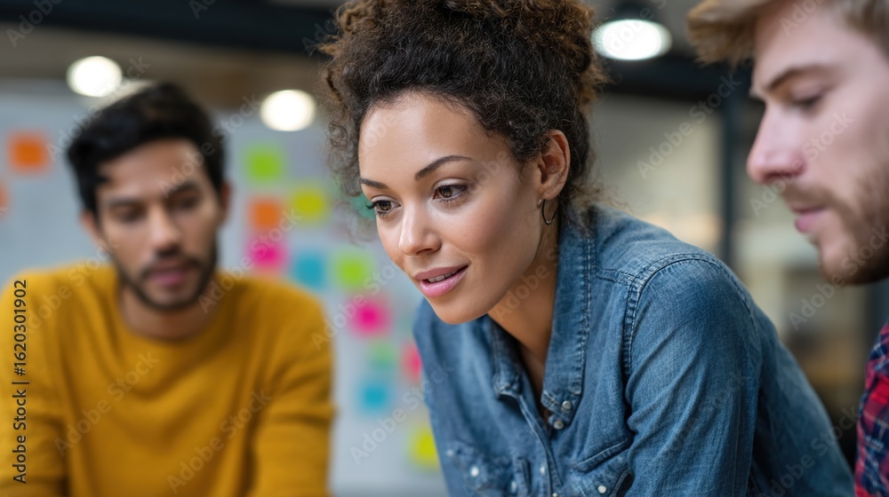 Fototapeta premium Collaborative Focus: A diverse group of individuals engaged in intense discussion within a modern office environment. Their expressions reflect focus and dedication.