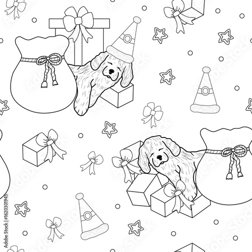 Seamless pattern with a dog in a hat, gifts and bows. Coloring book for children.