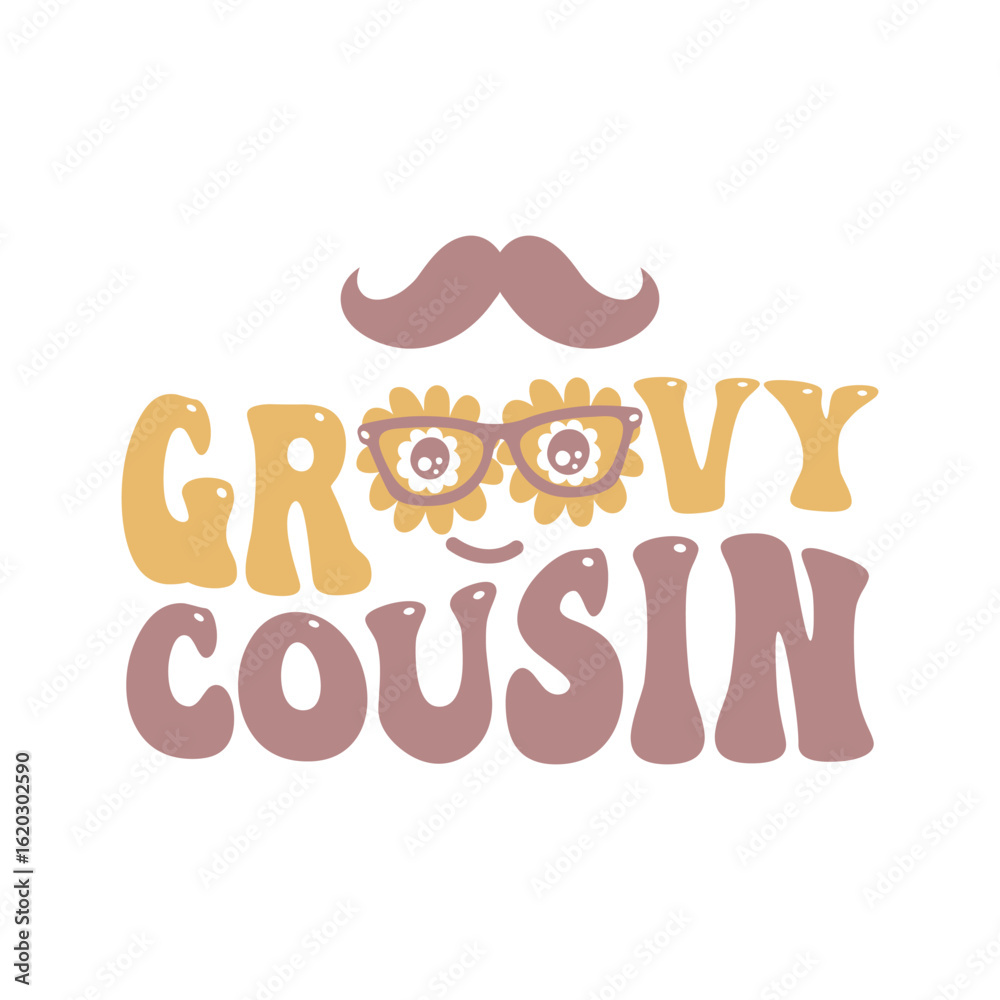 Fototapeta premium Groovy Cousin Retro Lettering with Mustache and Glasses