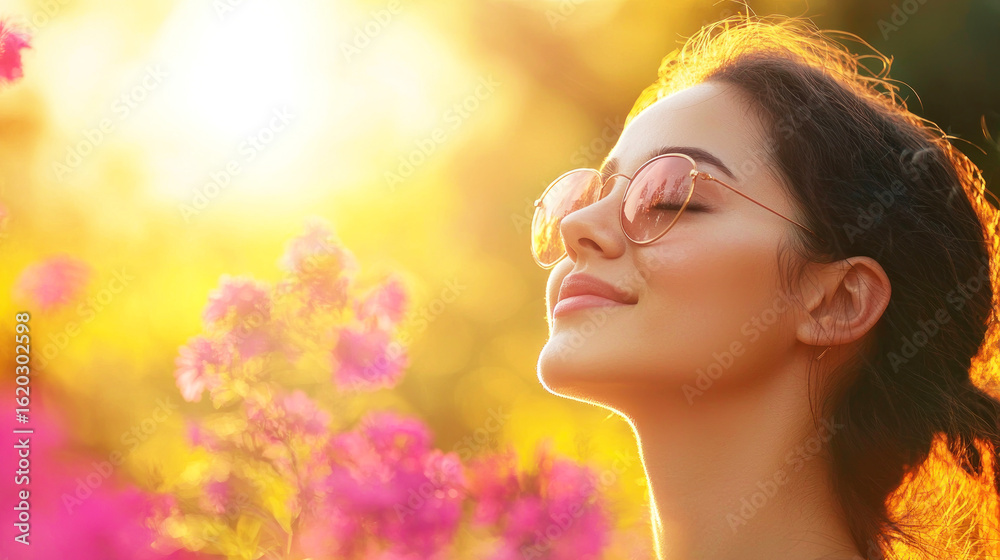 Fototapeta premium A woman with long, dark hair, wearing sunglasses, standing in a field of pink flowers with a golden sunset in the background.