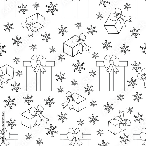 Seamless pattern with gift boxes and snowflakes. Christmas and New Year background. Design for wrapping, fabric, print.