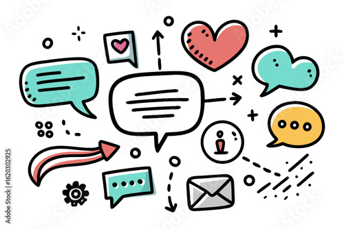 Modern doodle style design with communication bubbles and symbols, perfect for a fun and engaging social media campaign or lively marketing material, originally a scalable graphic