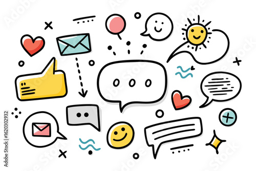 Expressive social media doodles bursting with personality and fun, perfect for adding a playful touch to your designs or illustrating modern communication concepts with charm