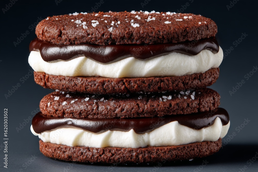 Moist chocolate sandwich cookies filled with creamy frosting and topped with chocolate glaze Moist chocolate sandwich cookies filled with creamy frosting and topped with chocolate glaze