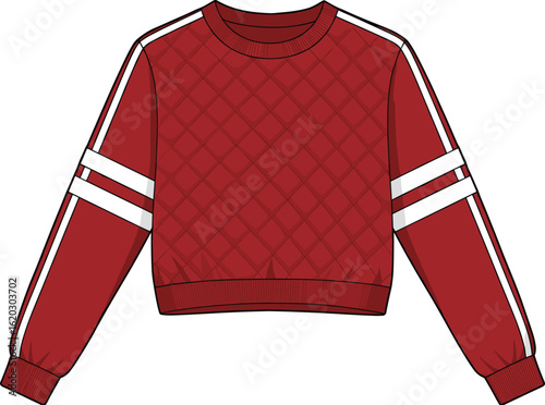 Red quilted sweatshirt with sporty white stripes, casual fashion design, trendy winter apparel, vector illustration for clothing mockups, cad drawing flat vector illustration