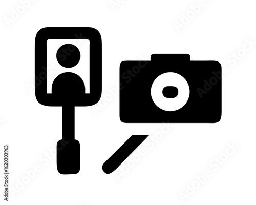 A minimalist flat icon set of a digital camera on a selfie stick and a portrait reflection