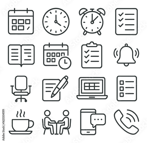 Time management icons: calendar, clock, alarm, checklist, meeting, bell, laptop, coffee, phone
