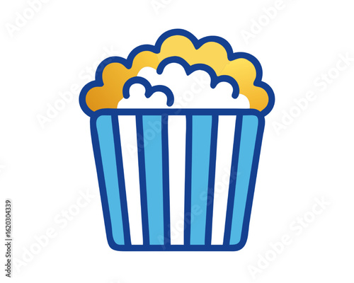 Flat icon of a striped popcorn bucket filled with buttery kernels for movie night entertainment.