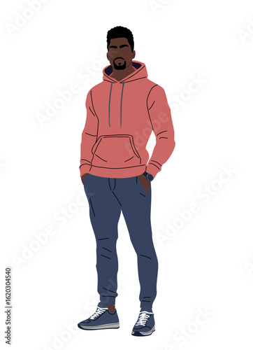 Stylish Black man wearing a red hoodie, navy jogger pants, and sneakers, standing confidently with hands in pockets. Vector flat illustration Isolated on transparent background