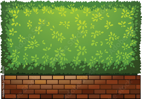 Art & Illustration "Neatly Trimmed Green Hedge with Patterned Leaves Above Brick Wall"