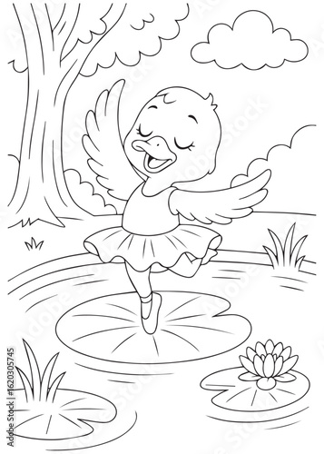 coloring book duck dancing gracefully on a lily pad in a pond.