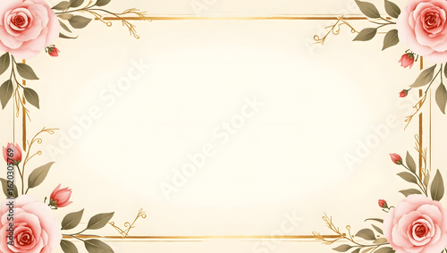 Elegant floral frame with delicate watercolor pink roses and golden branches on a cream background.