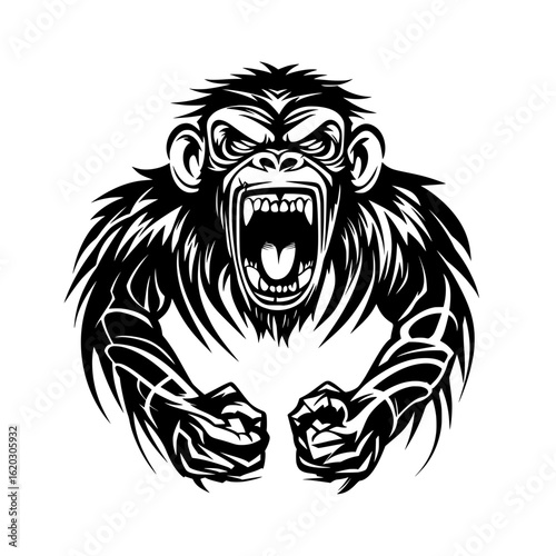 An aggressive roaring monkey with clenched fists. This fierce gorilla vector mascot illustration is ideal for a team logo.