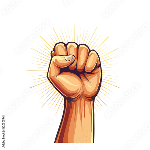 Clenched fist illustration in solidarity, empowerment, and resistance on black backdrop.