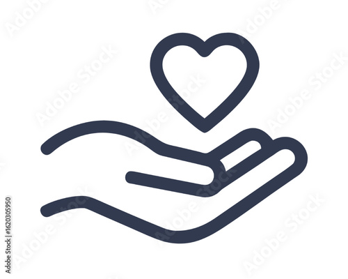 Minimalist outline icon of a hand with a heart. Symbol of love, charity, and support.
