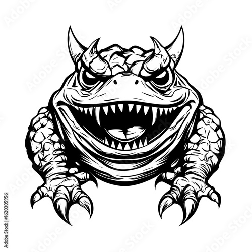 A fierce horned frog monster with sharp fangs. An aggressive amphibian demon toad vector illustration for a mascot or logo.