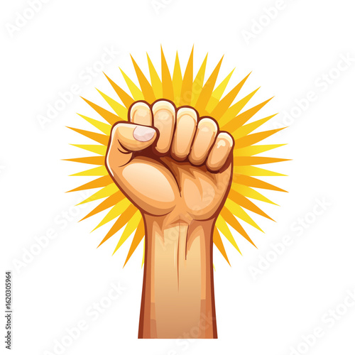Raised Fist with Sunburst on Black Background: Symbol of Power, Resistance, Solidarity