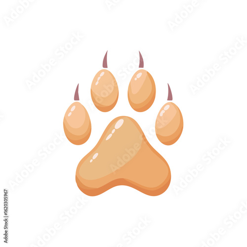 Cartoon tan paw print with claws on black background. Animal track illustration, predator footprint, isolated vector element.