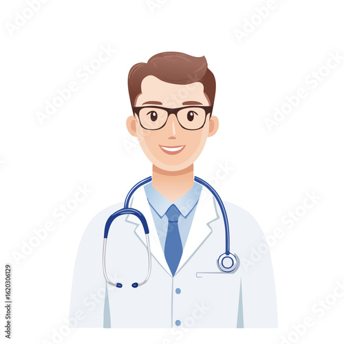 Smiling cartoon doctor with glasses and stethoscope wearing a white coat.