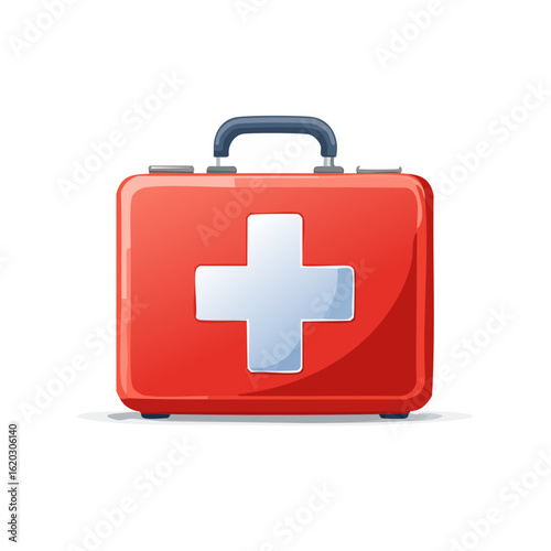 Red first aid kit with white cross symbol for medical supplies, health safety, and emergency assistance in vector design.