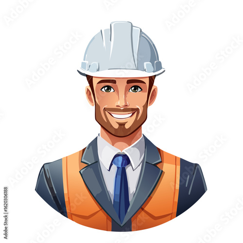 Smiling construction worker illustration wearing hard hat and safety vest in cartoon style