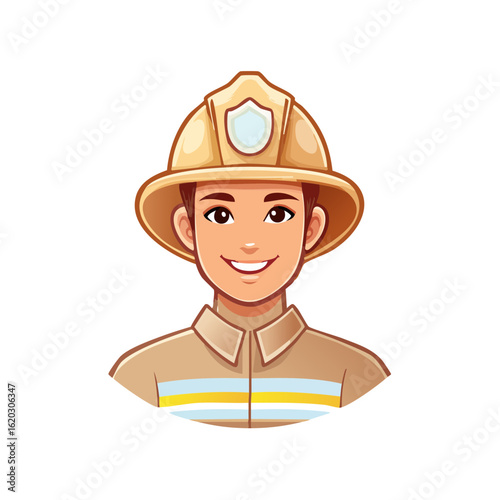 Cartoon style Firefighter illustration in protective helmet. Smiling first responder for safety or emergency concept.