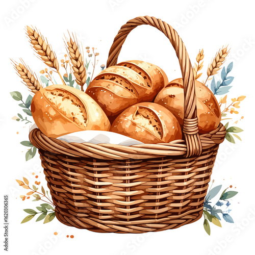 A rustic wicker basket filled with golden-brown bread rolls, decorated with wheat stalks in a watercolor style.