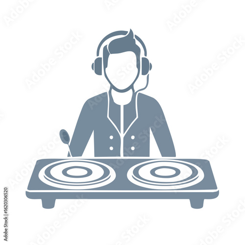 Illustration of a DJ with headphones mixing music on turntables at a party.
