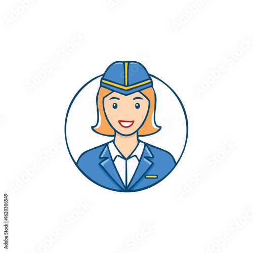 Cartoon style illustration of a friendly stewardess in a blue uniform and hat smiling with a white circle background