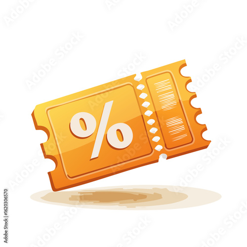 Cartoon style yellow coupon floating on black background with percent symbol for sale and discount offers.