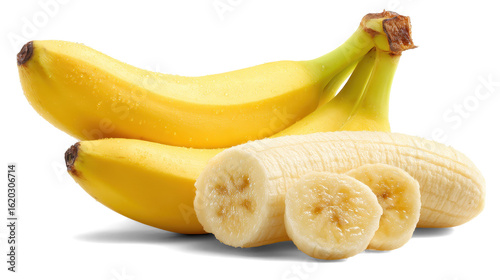 Ripe banana with slices on white background