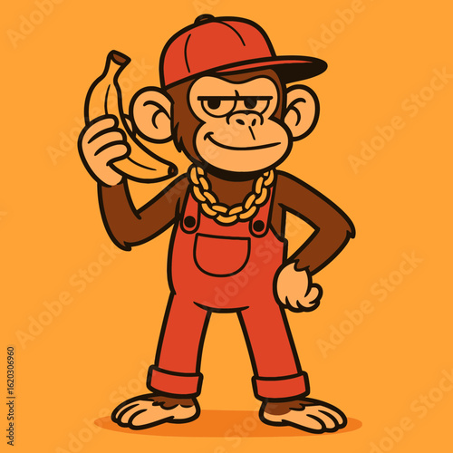 A cool cartoon monkey wearing a red cap, overalls, and a gold chain, holding a banana.