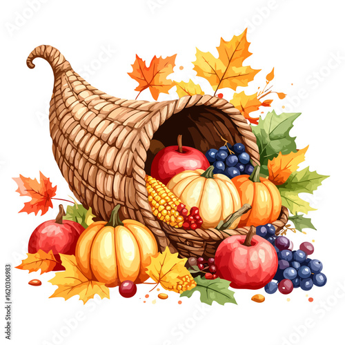 Woven cornucopia horn of plenty overflowing with autumn harvest fruits, vegetables, and colorful fall leaves.