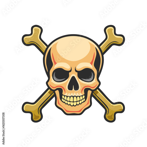 Cartoonish Skull and Crossbones Icon on Black Background, Sign of Danger