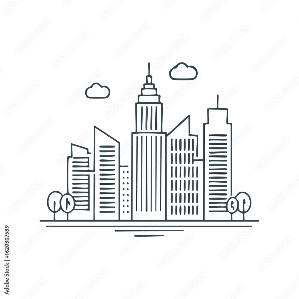 Fototapeta premium City Skyline Minimalist Illustration with Skyscrapers and Clouds on Black