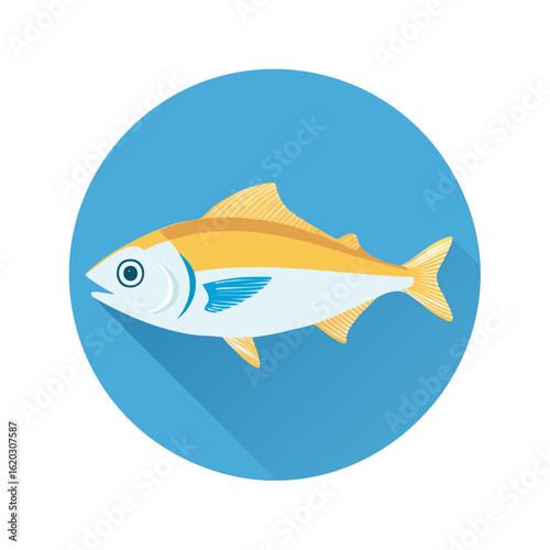 Yellowfin tuna illustration on blue circle graphic icon simple style design marine fish seafood animal swimming underwater saltwater fishing