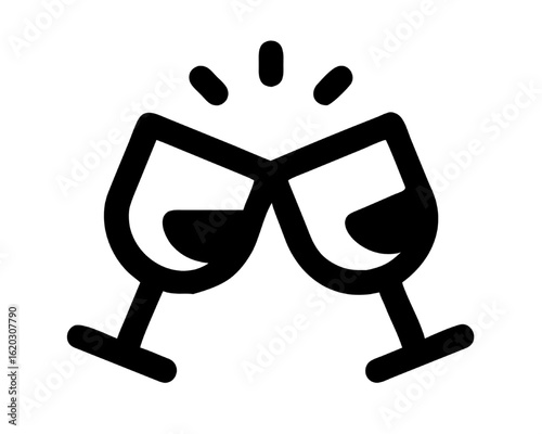 Minimalist line icon of two wine glasses clinking in a toast. Cheers emoji vector graphic.