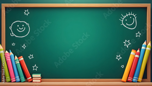 Educational background with a green school chalkboard, colorful pencils, and cute chalk drawings. Back to school concept.