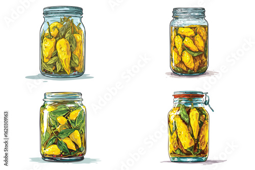 A glass jar filled with pickled yellow chili peppers isolated