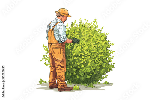 Person trimming bushes in a garden isolated
