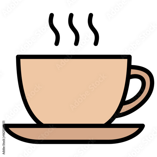 A simple icon of a steaming hot beverage in a light brown cup on a saucer.