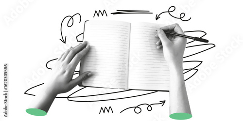 Monochrome vector collage with hand and sketchbooks. Trendy vector pieces.  Halftone dot effect, retro style with transparent background. For posters, zines, social media,  DIY art projects.