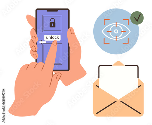 Unlocking a mobile phone with biometric access, eye scan verification checkmark, and secure email communication. Ideal for cybersecurity, data privacy, authentication, technology, app development