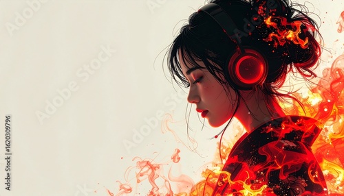 Wallpaper Mural Dynamic Portrait of a Woman with Fiery Headphones in Profile View Torontodigital.ca