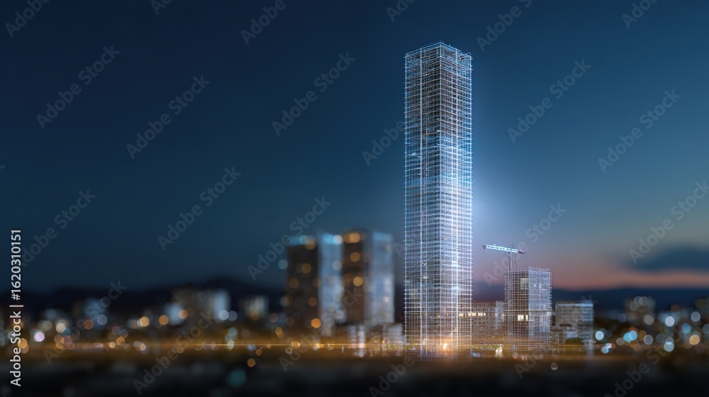 Fototapeta premium Cityscape's Nighttime Luminescence: An awe-inspiring display of modern architecture, bathed in the ambient glow of twilight, unveils a cityscape skyline dotted with skyscrapers.